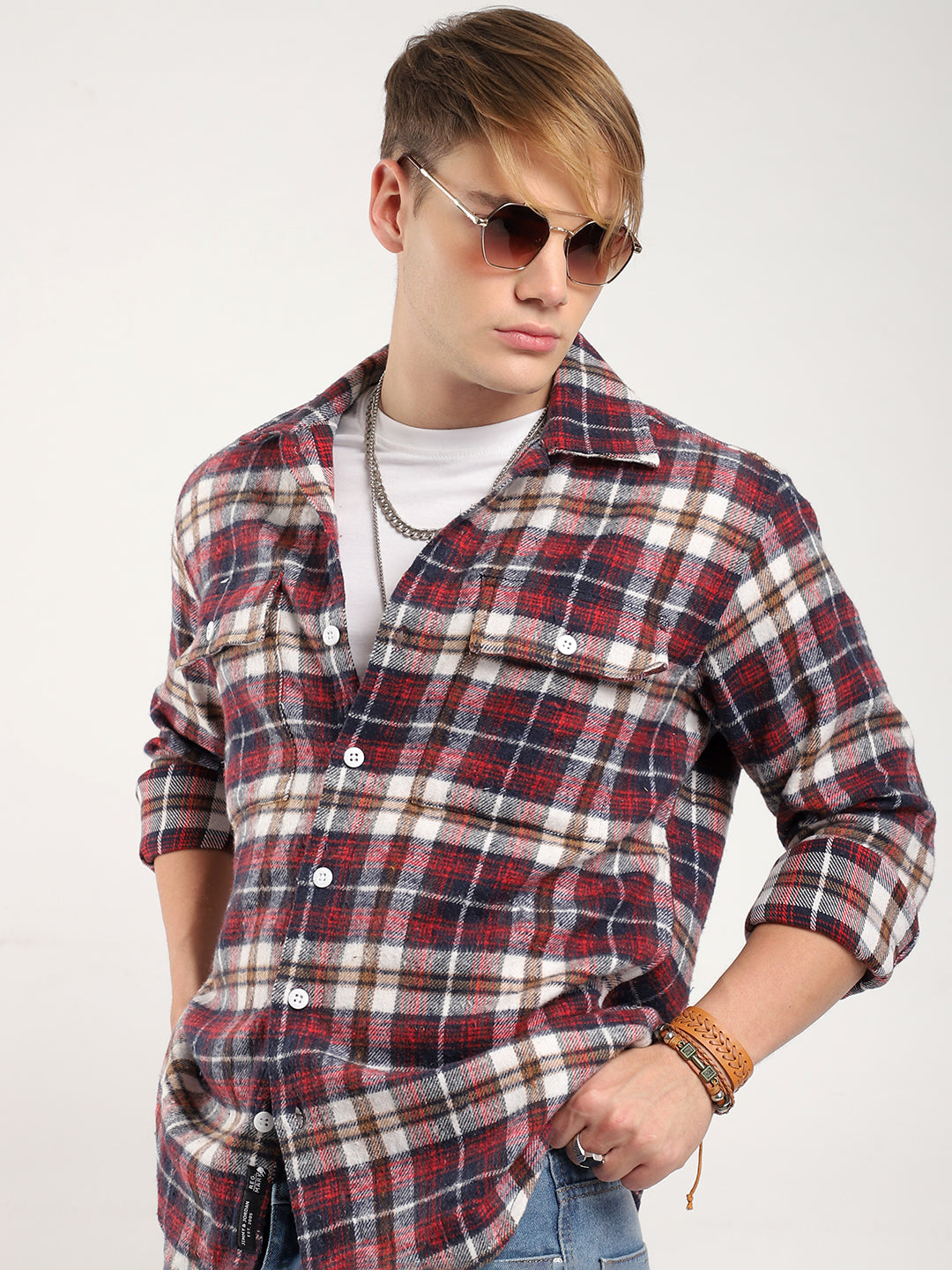 Streetwear Twill Flannel Check Navy & Red Double Pocket Shirt