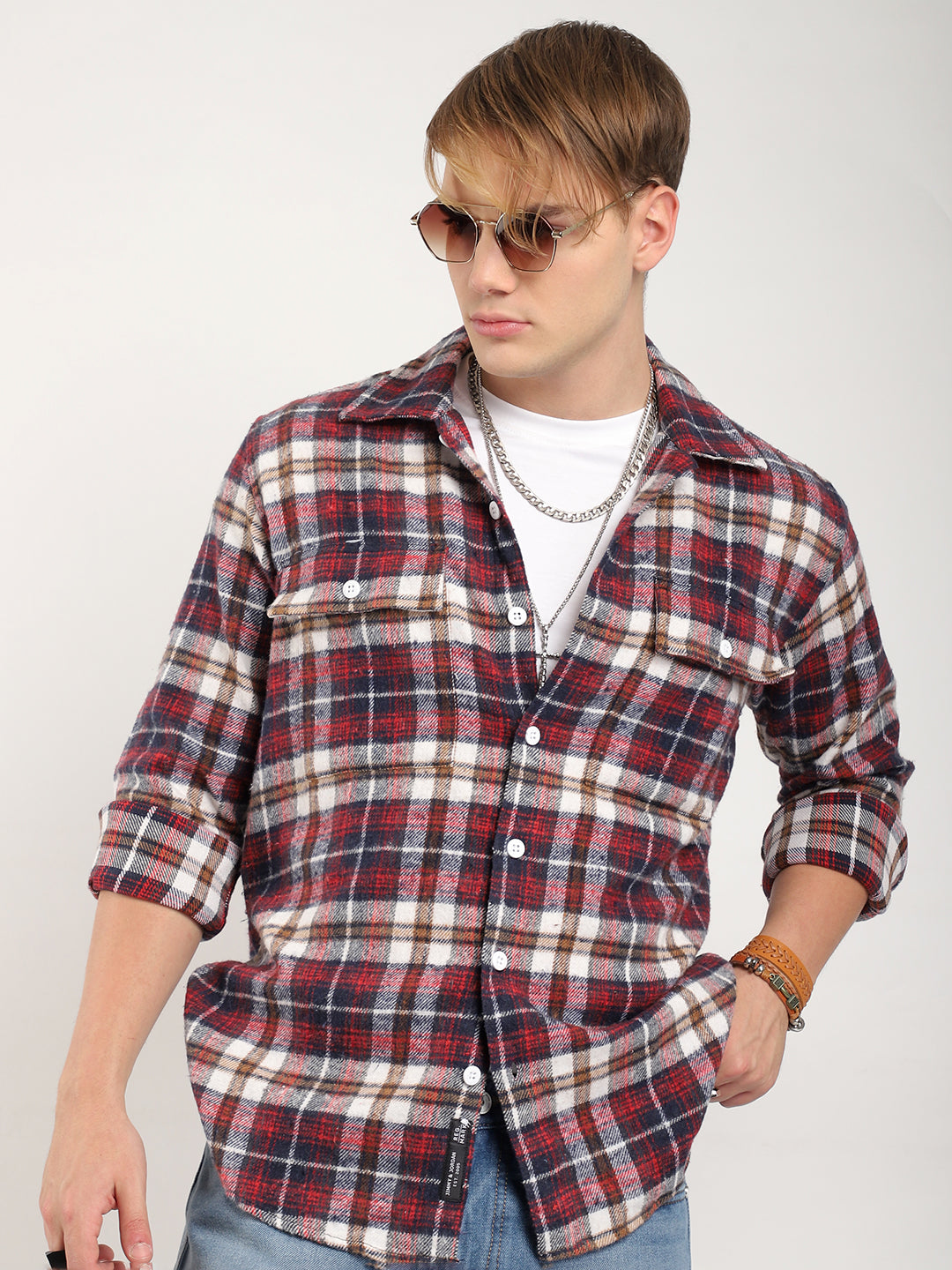 Streetwear Twill Flannel Check Navy & Red Double Pocket Shirt