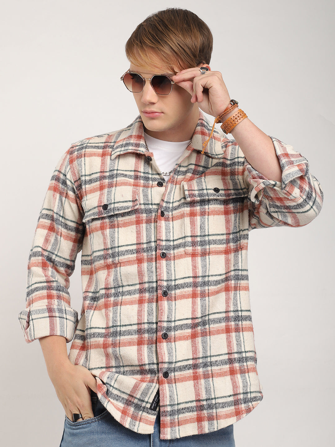 Off-White & Rose Flannel Shirt - Double Pocket Style - Jimmy Luxury