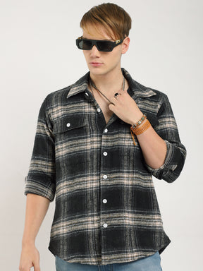 Streetwear Twill Flannel Check Black & Fawn Double Pocket Shirt