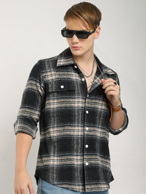 Streetwear Twill Flannel Check Black & Fawn Double Pocket Shirt