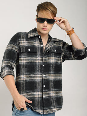 Streetwear Twill Flannel Check Black & Fawn Double Pocket Shirt