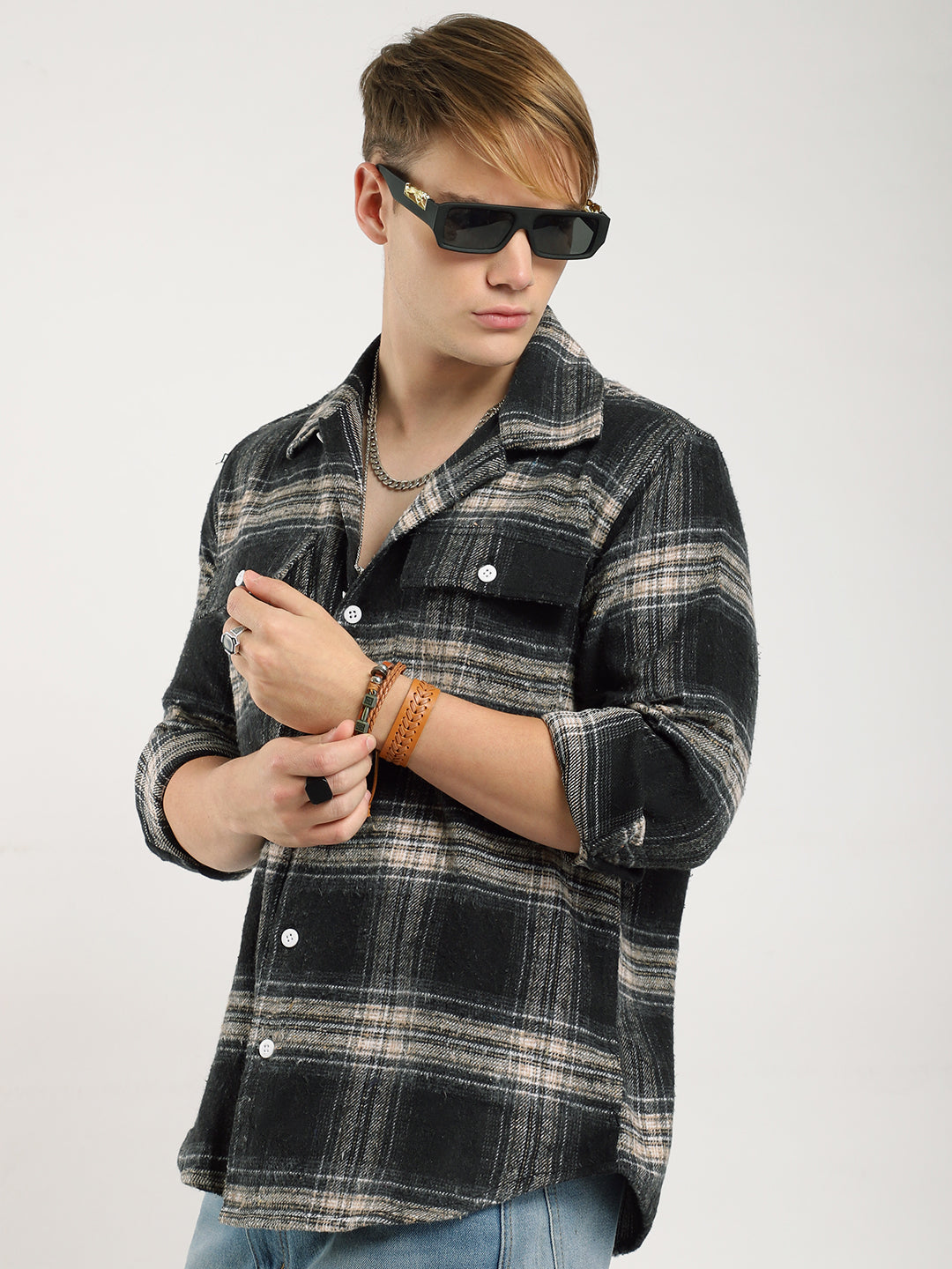 Streetwear Twill Flannel Check Black & Fawn Double Pocket Shirt