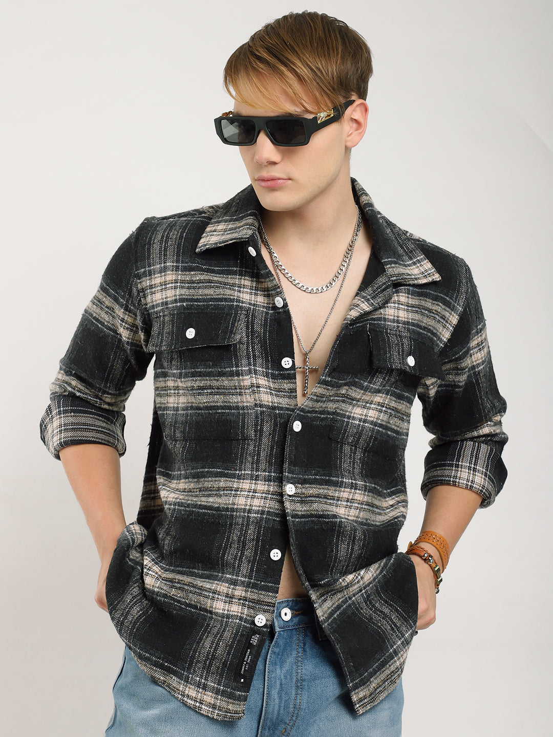 Streetwear Twill Flannel Check Black & Fawn Double Pocket Shirt