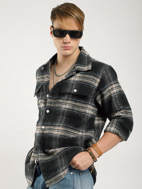 Streetwear Twill Flannel Check Black & Fawn Double Pocket Shirt