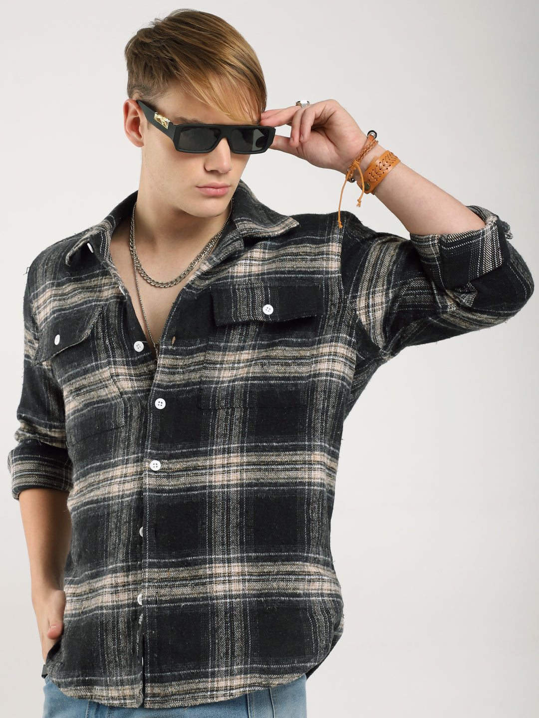 Streetwear Twill Flannel Check Black & Fawn Double Pocket Shirt