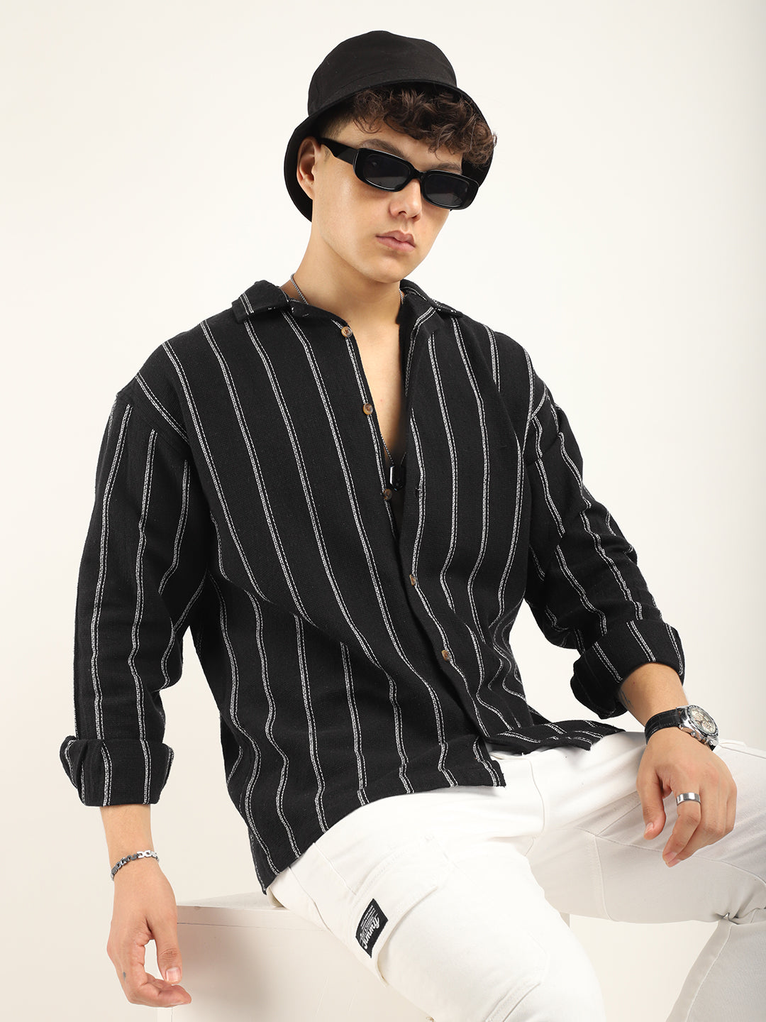 Black Jute Fabric Stripe Shirt