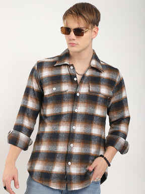 Streetwear Twill Flannel Check Navy & Light Brown Double Pocket Shirt