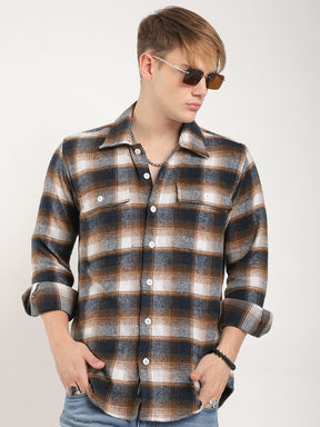 Streetwear Twill Flannel Check Navy & Light Brown Double Pocket Shirt