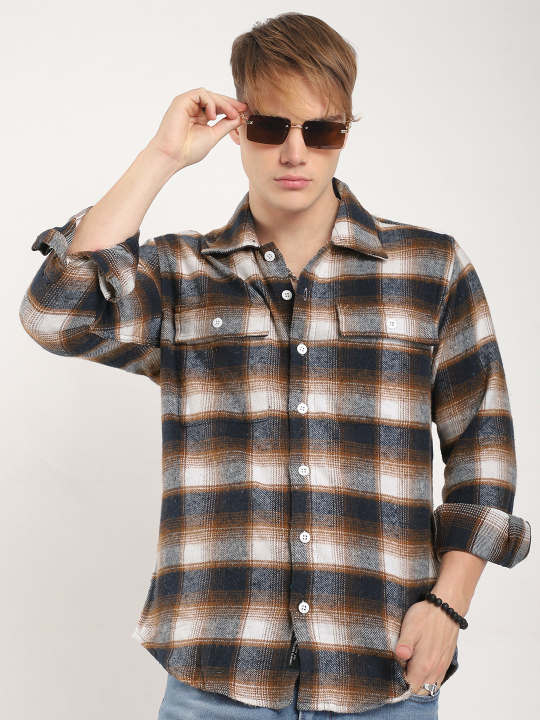 Streetwear Twill Flannel Check Navy & Light Brown Double Pocket Shirt