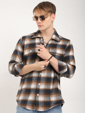 Streetwear Twill Flannel Check Navy & Light Brown Double Pocket Shirt