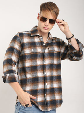 Streetwear Twill Flannel Check Navy & Light Brown Double Pocket Shirt