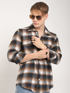 Streetwear Twill Flannel Check Navy & Light Brown Double Pocket Shirt