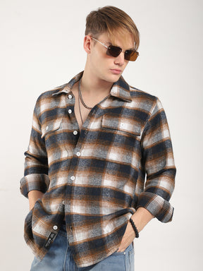 Streetwear Twill Flannel Check Navy & Light Brown Double Pocket Shirt