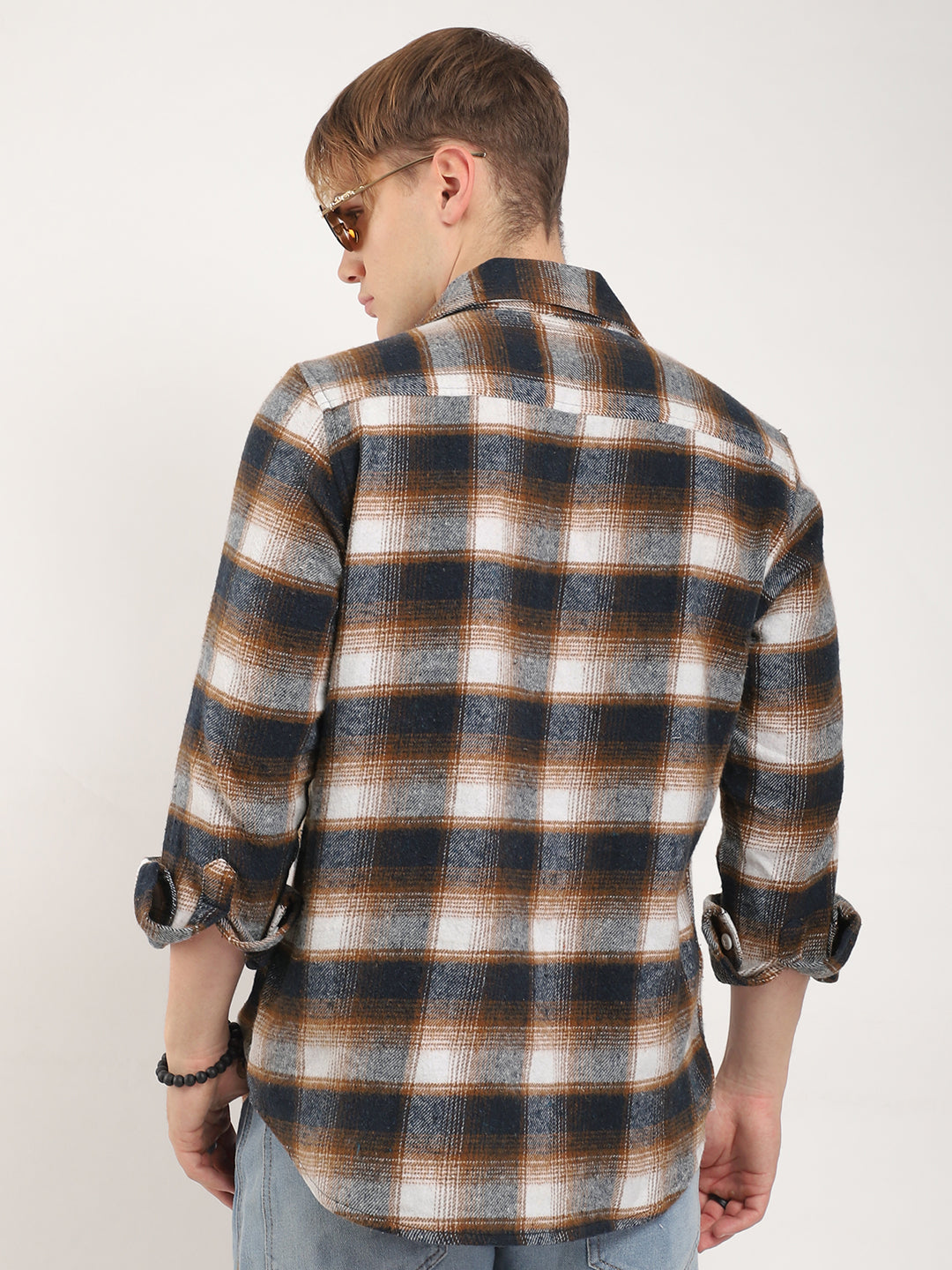 Streetwear Twill Flannel Check Navy & Light Brown Double Pocket Shirt