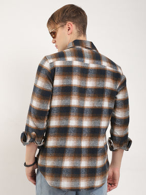 Streetwear Twill Flannel Check Navy & Light Brown Double Pocket Shirt