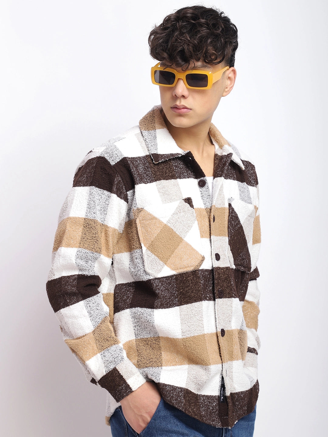 Pure Wool Chocolate Towel Knitted Check Shacket