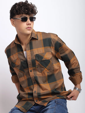 Regal Sets Rust Washed Check Full Sleeve Shirt