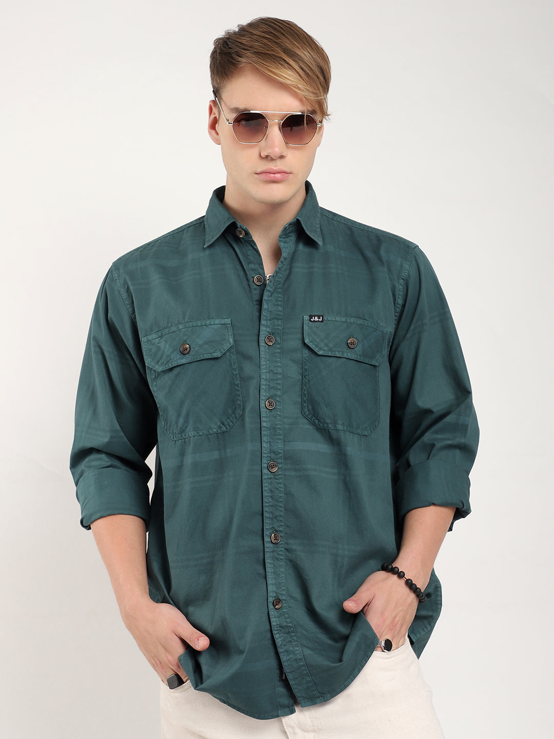 Scarlet Draying Washed Deep Green Check Full Sleeve Shirt