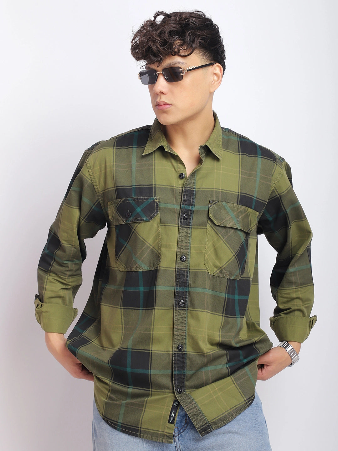 Onyx Fit Washed Check Olive Full Sleeve Shirt