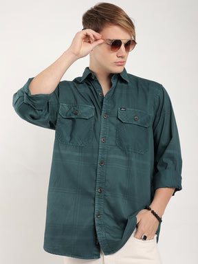 Scarlet Draying Washed Deep Green Check Full Sleeve Shirt