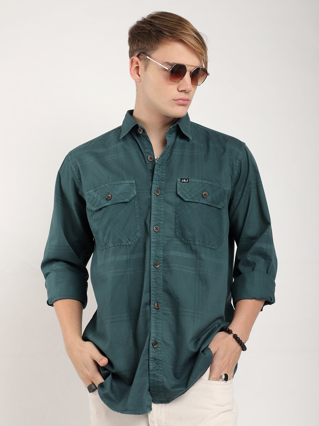 Scarlet Draying Washed Deep Green Check Full Sleeve Shirt