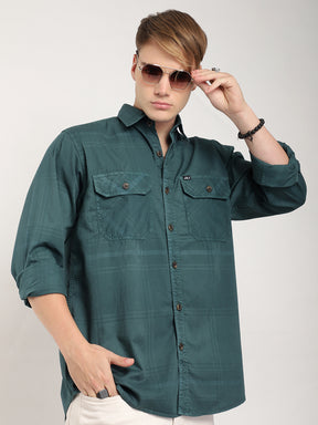 Scarlet Draying Washed Deep Green Check Full Sleeve Shirt