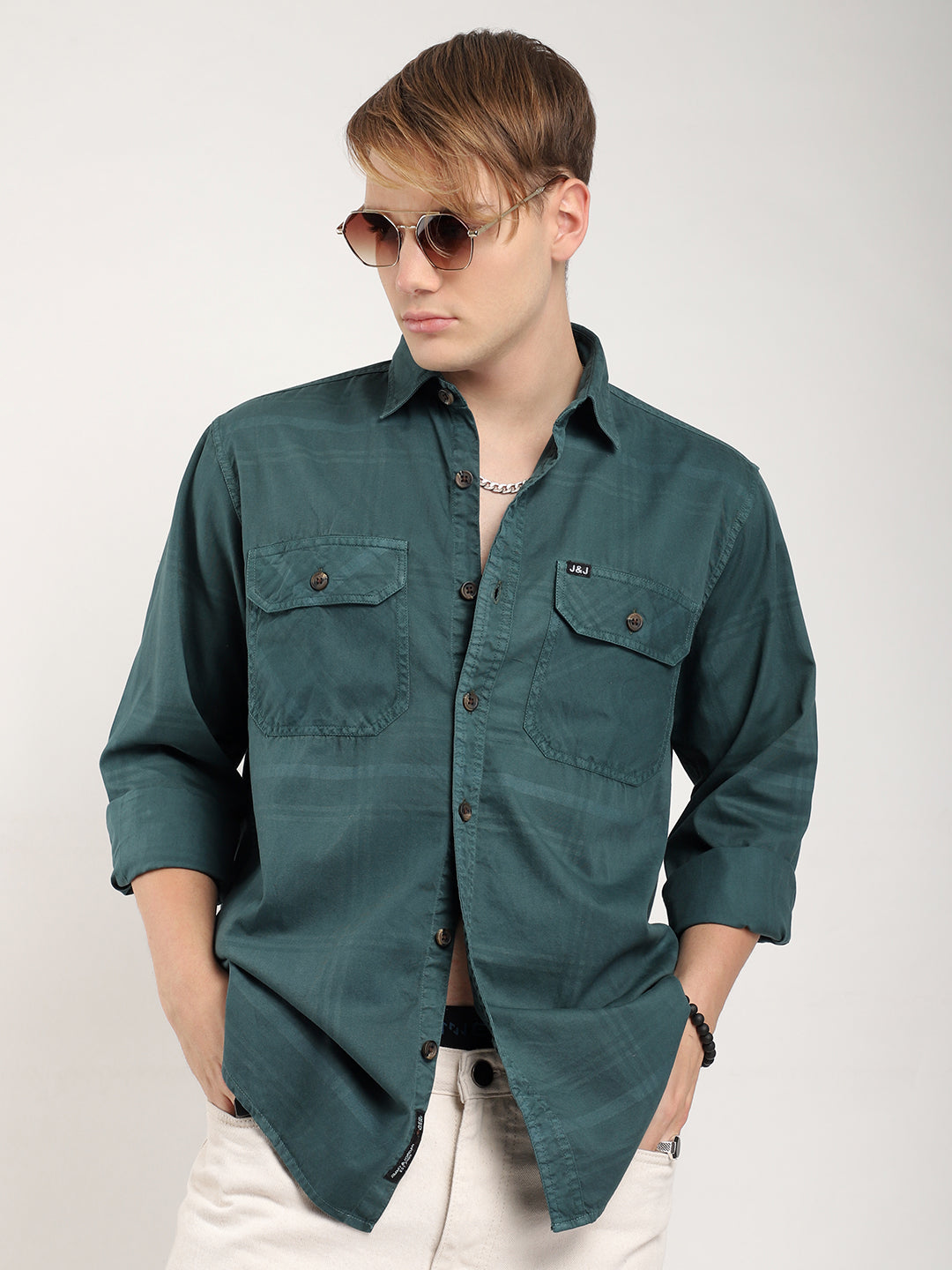 Scarlet Draying Washed Deep Green Check Full Sleeve Shirt