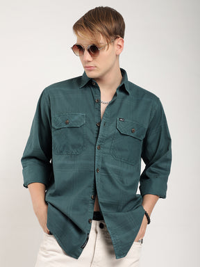 Scarlet Draying Washed Deep Green Check Full Sleeve Shirt