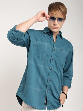 George Draying Washed Teal Check Full Sleeve Shirt