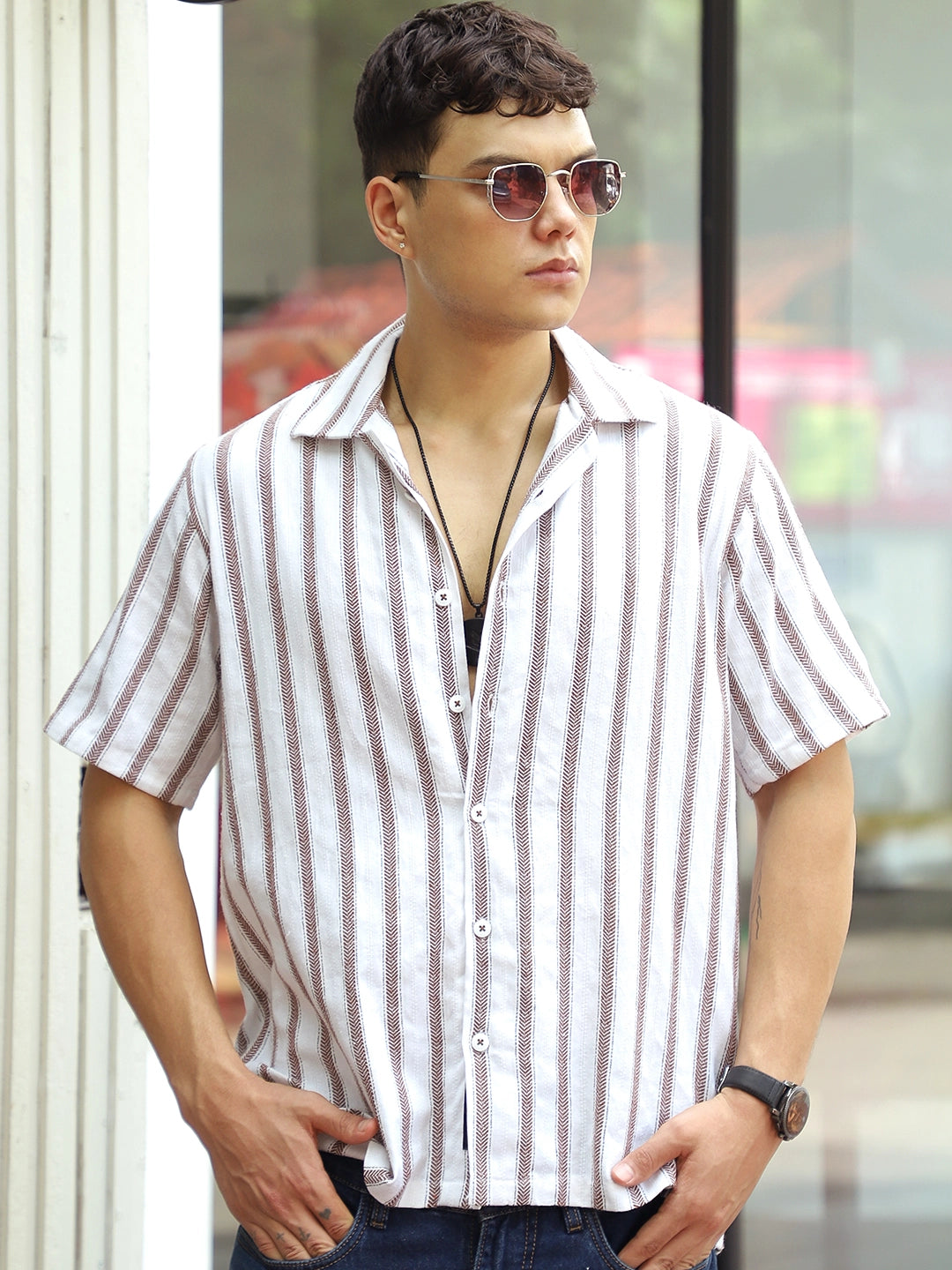 Monsoon Mood Brown Stripe Half Sleeve Shirt