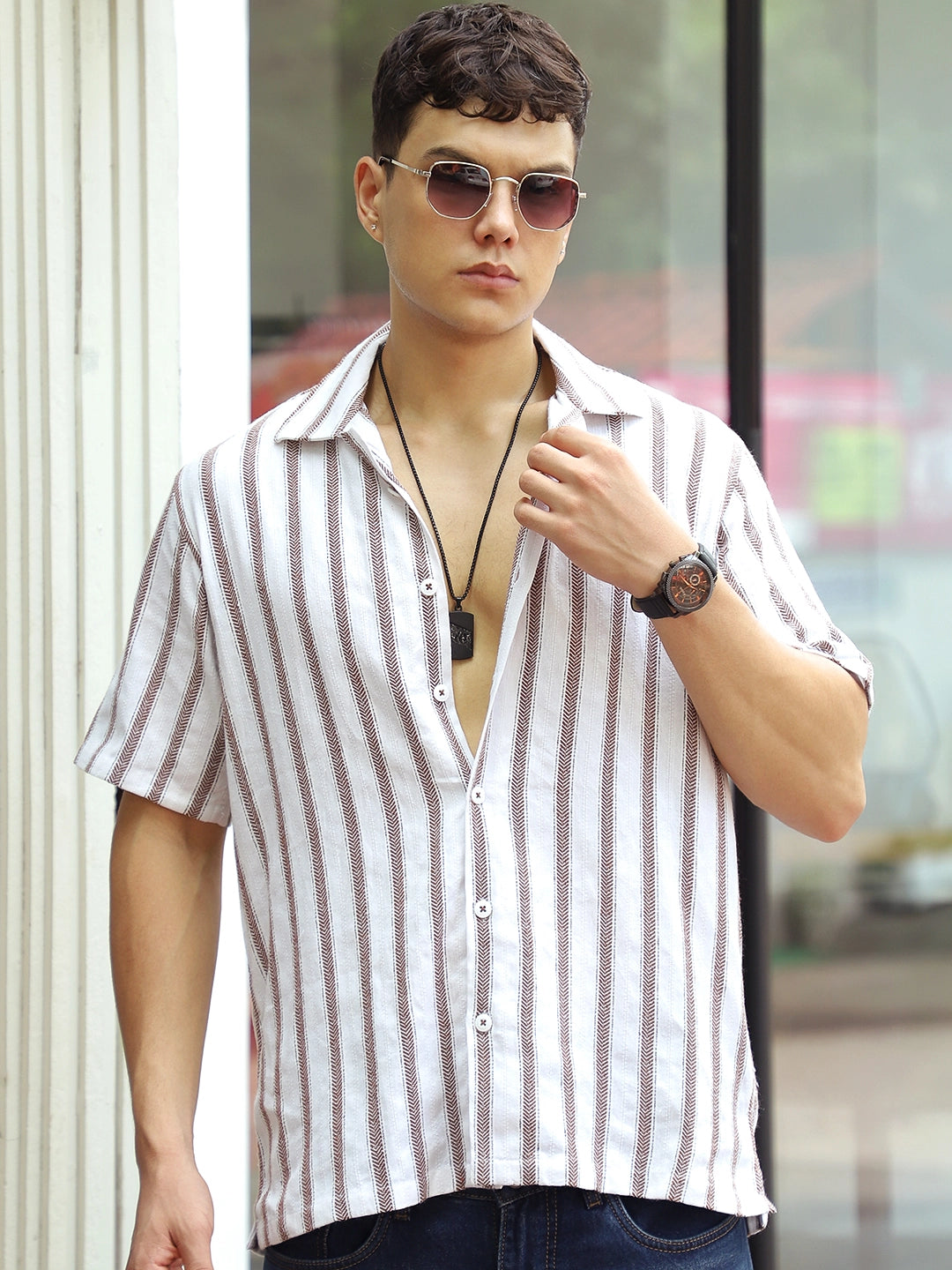 Monsoon Mood Brown Stripe Half Sleeve Shirt