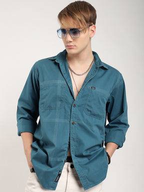 George Draying Washed Teal Check Full Sleeve Shirt