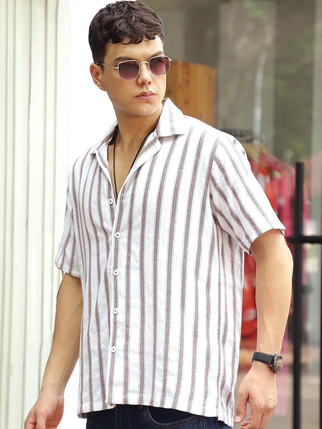 Monsoon Mood Brown Stripe Half Sleeve Shirt