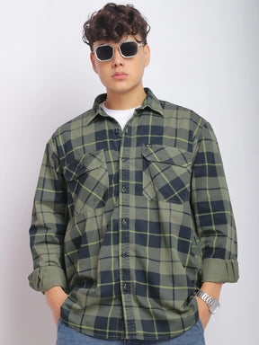 Borough Lane Military Shirt Washed Check Full Sleeve Shirt