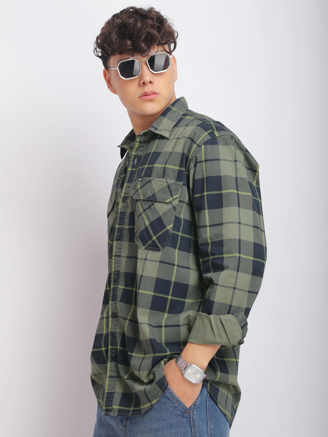 Borough Lane Military Shirt Washed Check Full Sleeve Shirt