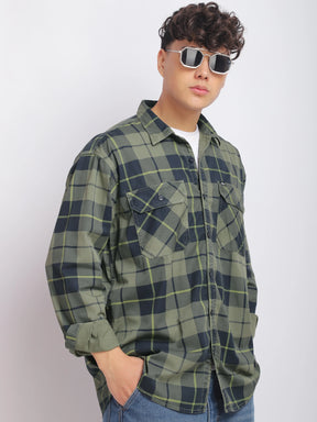 Borough Lane Military Shirt Washed Check Full Sleeve Shirt