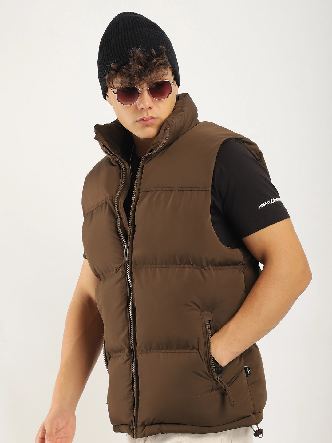 Quilted Gilet Cut Sleeves Brown Puffer Jacket