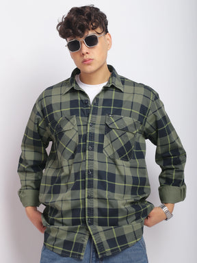 Borough Lane Military Shirt Washed Check Full Sleeve Shirt