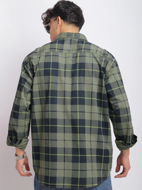 Borough Lane Military Shirt Washed Check Full Sleeve Shirt