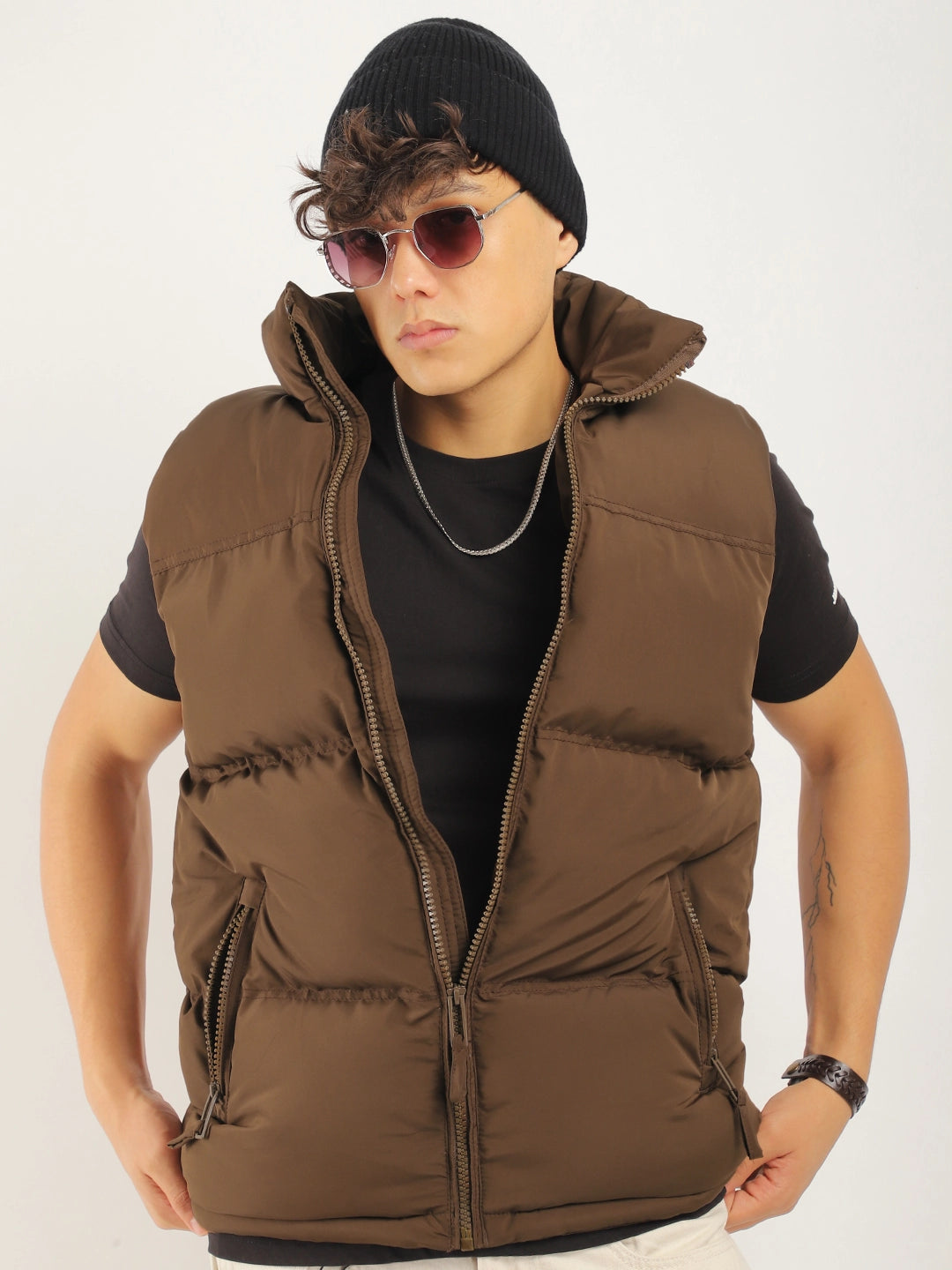 Quilted Gilet Cut Sleeves Brown Puffer Jacket