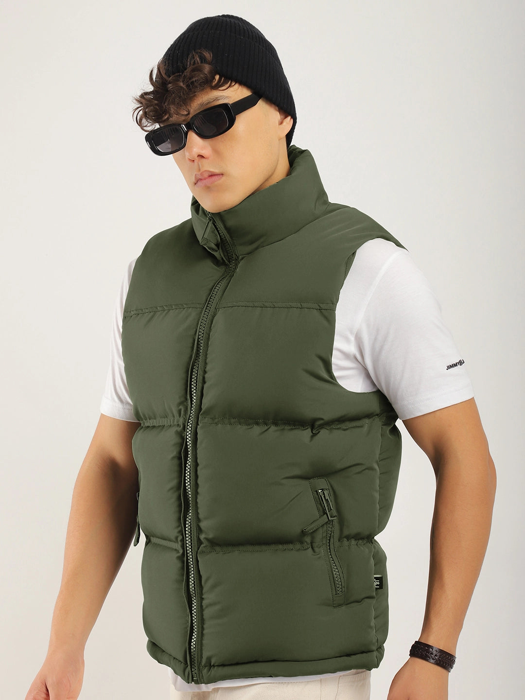 Quilted Gilet Cut Sleeves Green Puffer Jacket