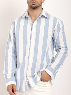 Oaken Espresso Sky Blue Stripe Linen Shirt