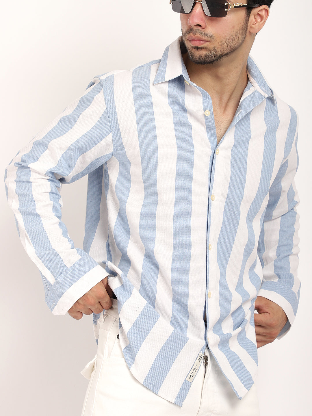 Oaken Espresso Sky Blue Stripe Linen Shirt