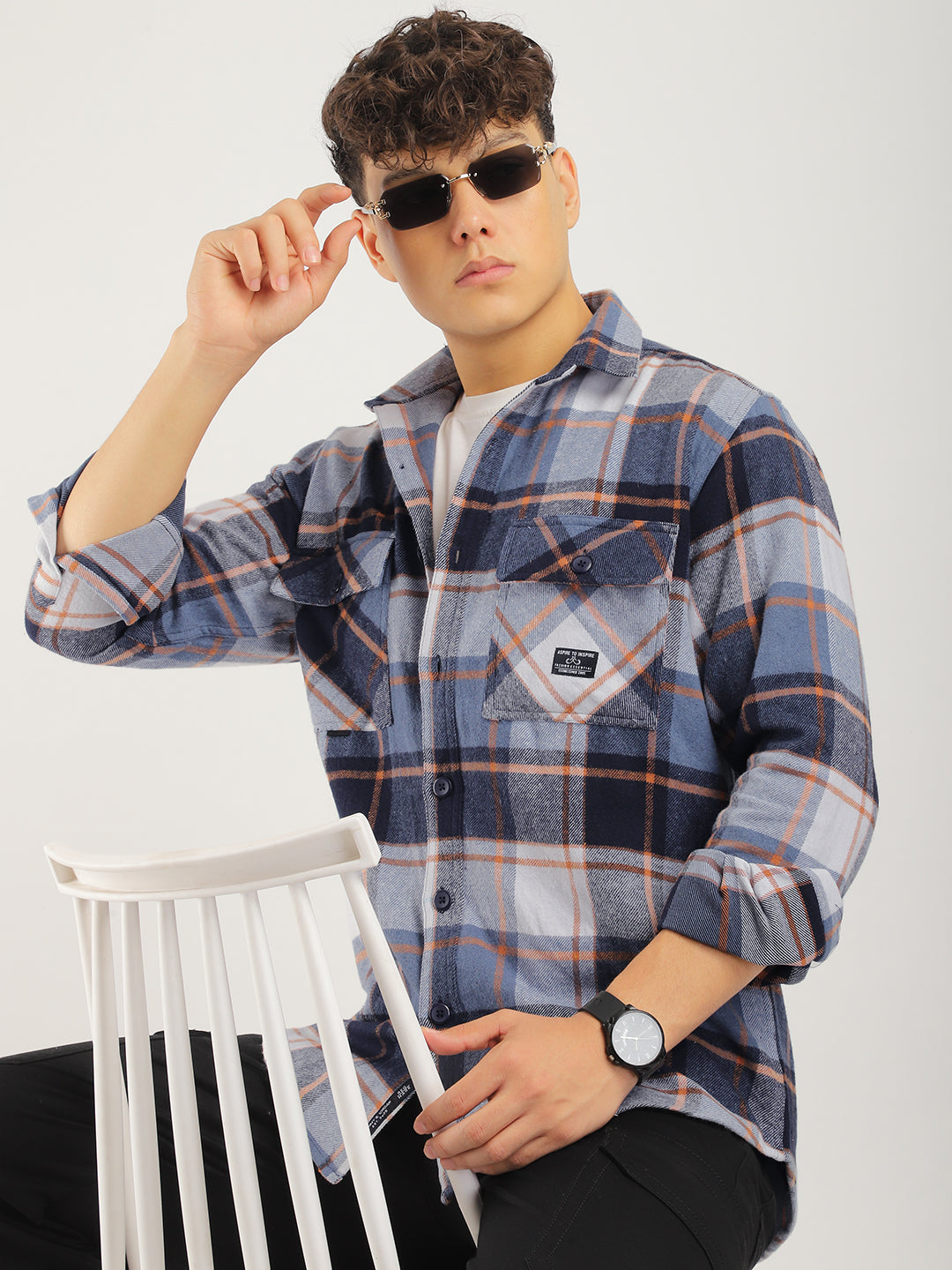 Infinite Brushed Sky Grey Check Full Sleeve Shirt