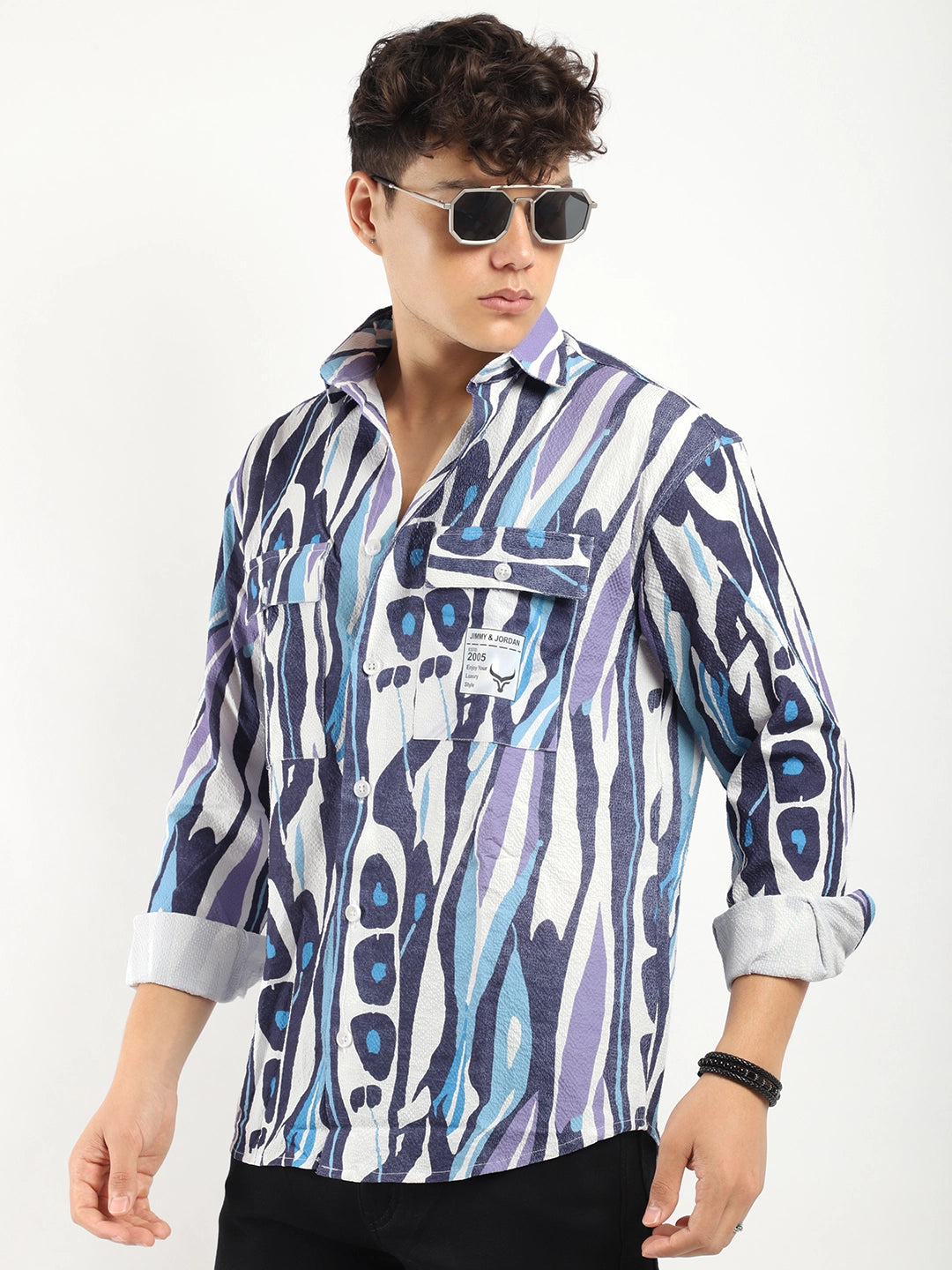 Blue Double Pocket Print Shirt