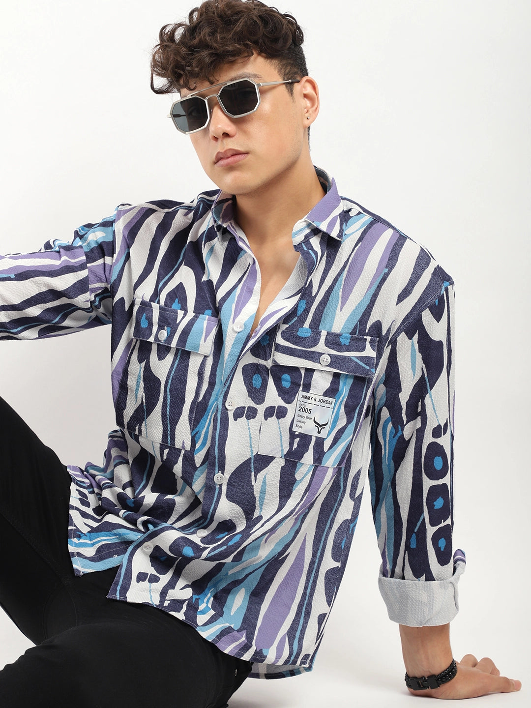 Blue Double Pocket Print Shirt