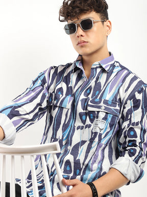 Blue Double Pocket Print Shirt