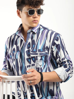 Blue Double Pocket Print Shirt