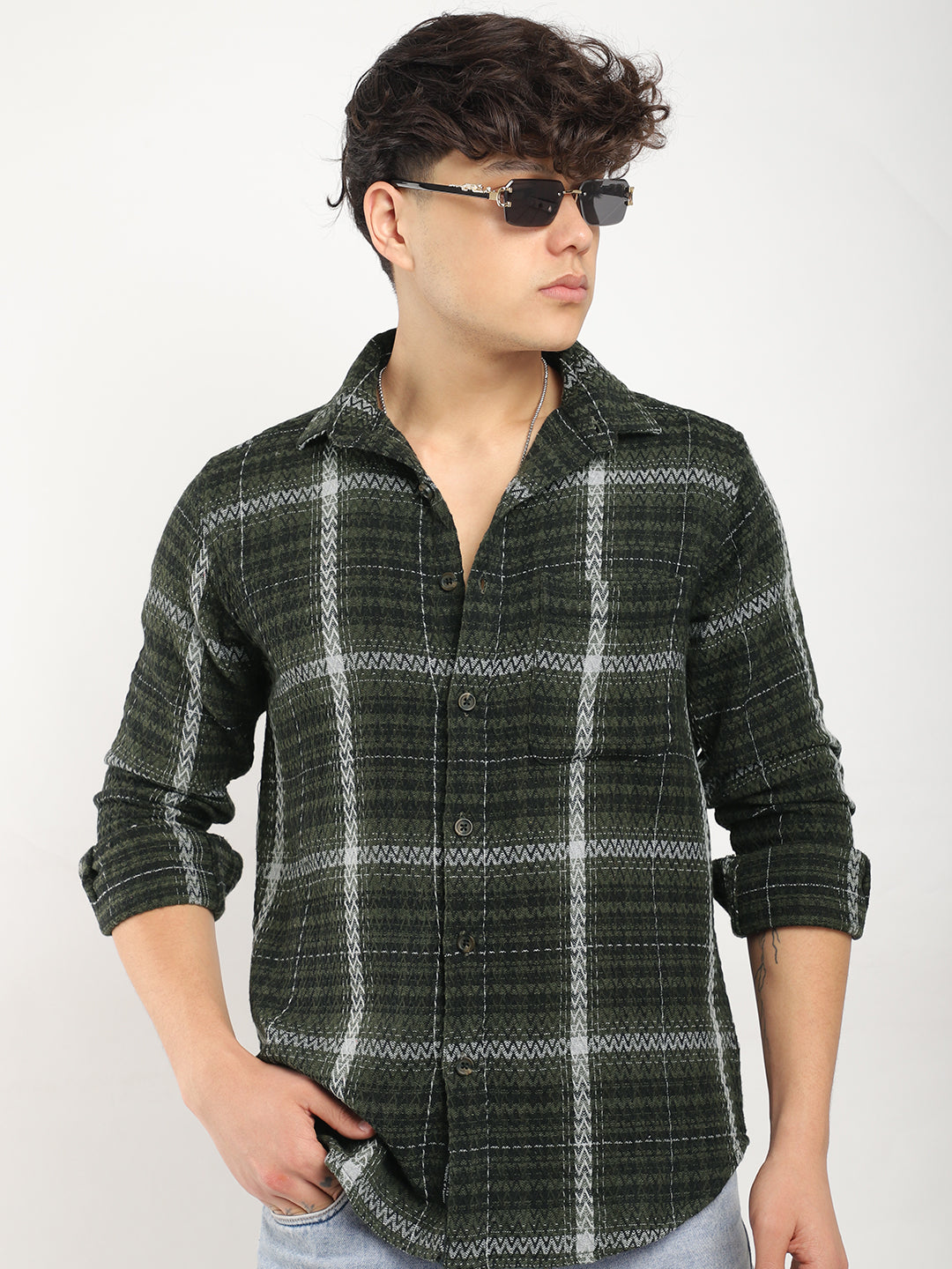 Haring Born Check Military Green & Light Grey Full Sleeve Shirt